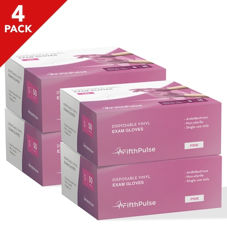 Fifthpulse 4 pack, Disposable Gloves, Vinyl, Powder-Free, S, 50 PK, Pink FP-FMN100093-4A